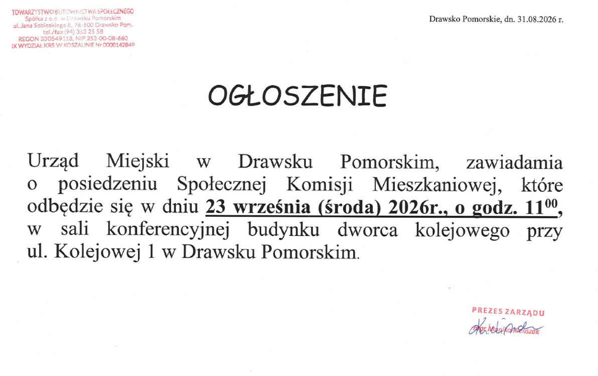 Zdjęcie do OGŁOSZENIE POSIEDZENIE SPOŁECZNEJ KOMISJI MIESZKANIOWEJ 