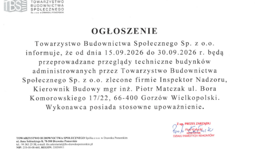 Zdjęcie do OGŁOSZENIE - PRZEGLĄDY TECHNICZNE BUDYNK&Oacute;W