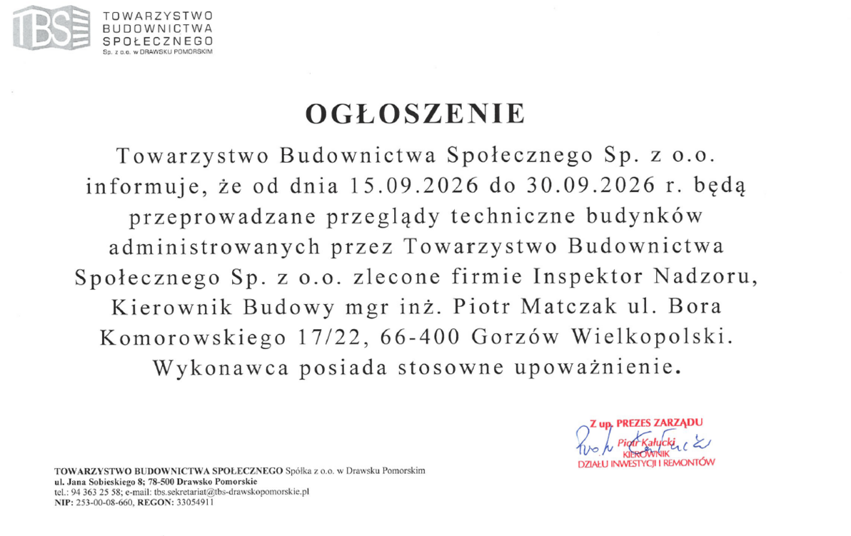 Zdjęcie do OGŁOSZENIE - PRZEGLĄDY TECHNICZNE BUDYNK&Oacute;W
