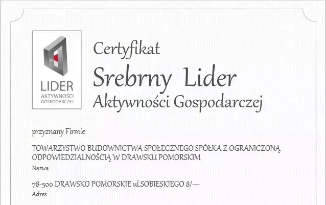 Zdjęcie do Certyfikat- Srebrny Lider Aktywności Gospodarczej