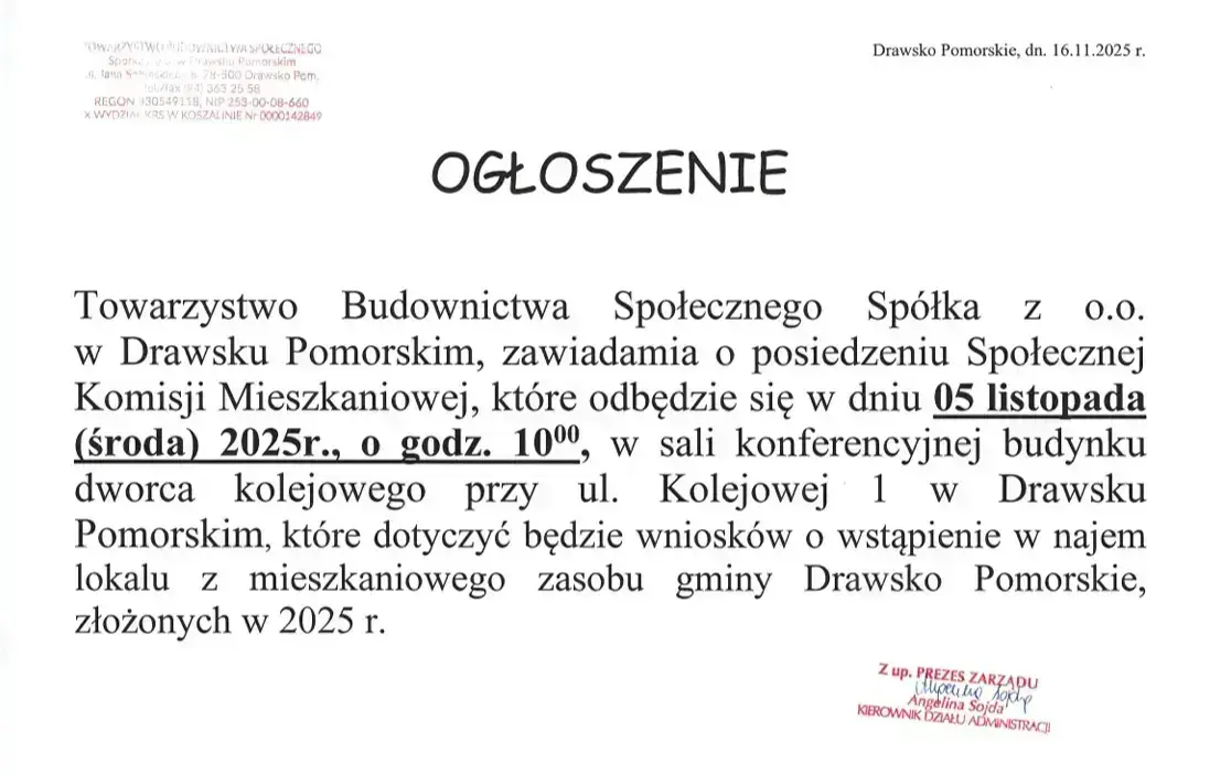 Zdjęcie do Komisja Mieszkaniowa 05 listopada 2025r. godz. 10:00